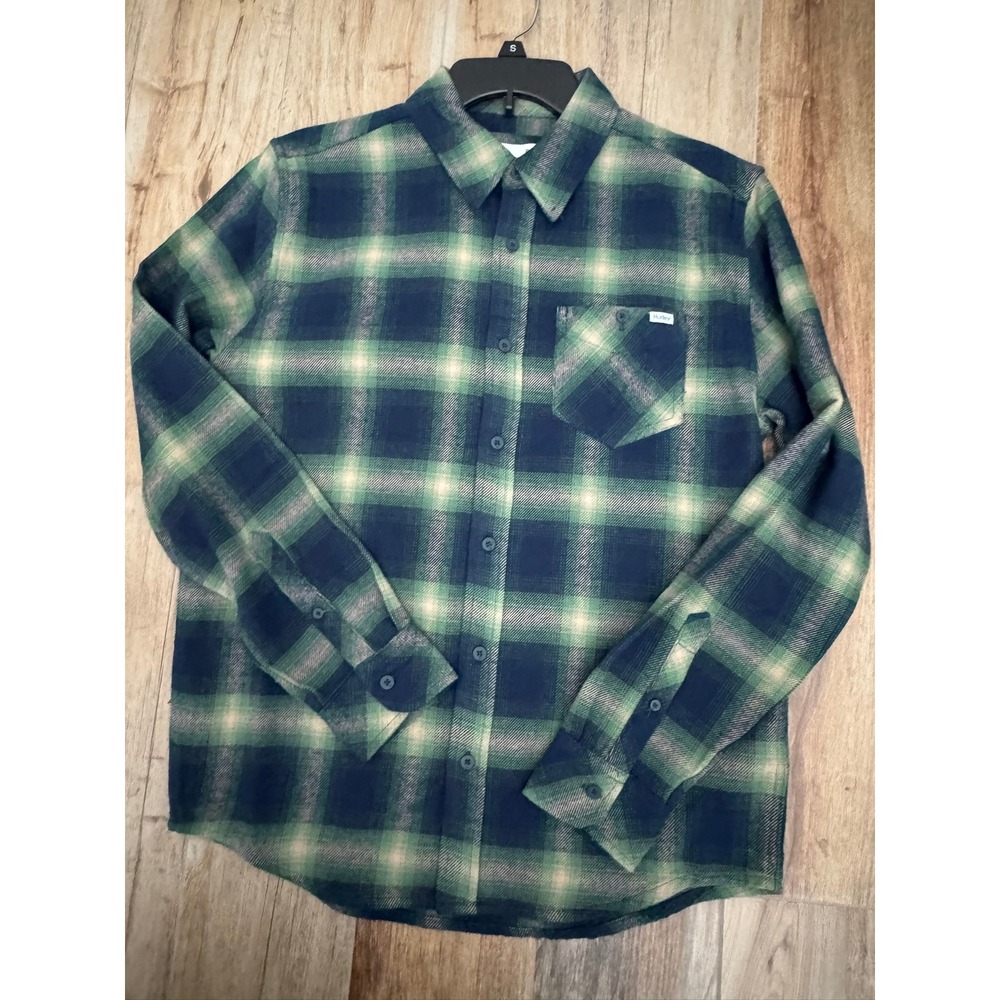 Hurley Mens Green Navy Blue Plaid Flannel Button Down Shirt Small‎